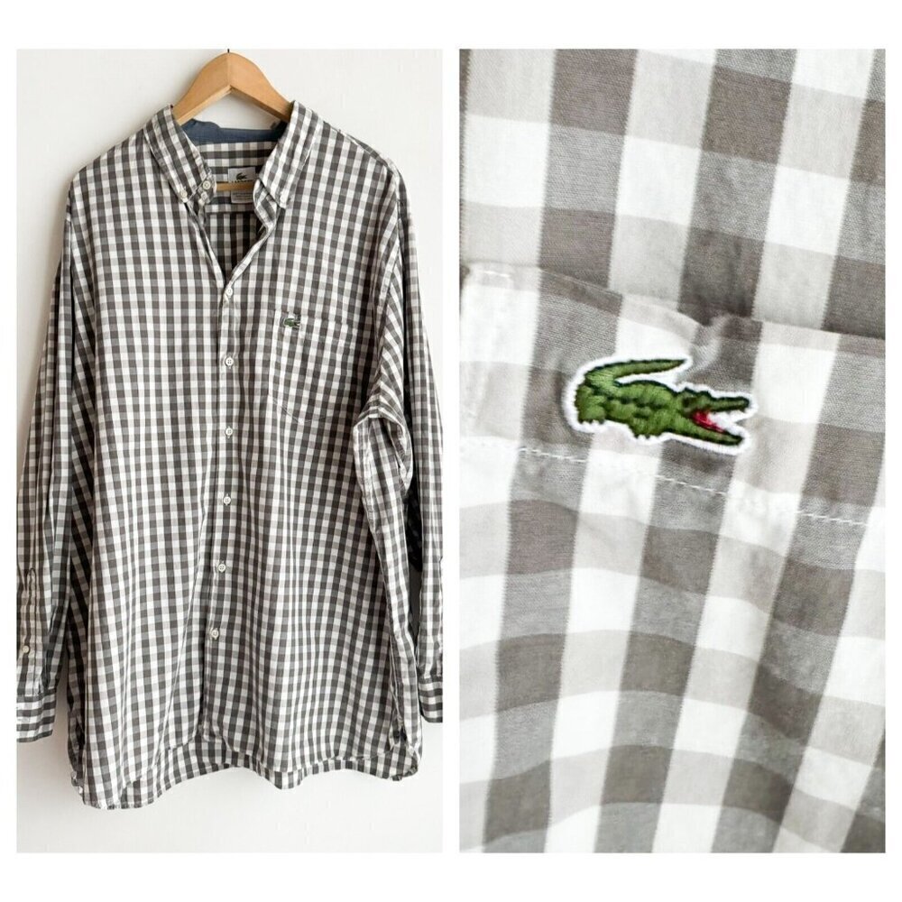 Lacoste Checkered White Grey Button Down Shirt 2XL